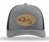 a gray trucker hat with an image of a snake on it